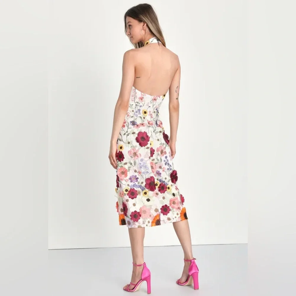 Lulu's Unique Impression Ivory 3D Floral Embroidered Halter Midi Dress - Picture 3 of 11